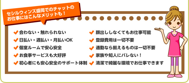 セシルグループでのチャットのお仕事にはこんなメリットも！会わない・触れられない日払い・週払い・月払いOK個室ルームで安心安全お食事サービスも大好評初心者にも安心安全のサポート体制顔出ししなくてもお仕事可能登録費用は一切不要通勤なら揃えるものは一切不要家族や知人にバレない！清潔で綺麗な環境でお仕事できます チャットレディー ライブチャット アルバイト