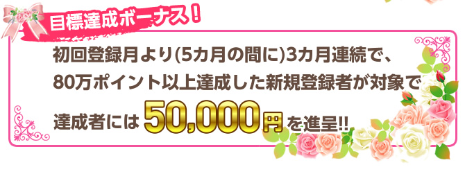 目標達成ボーナス！　初回登録月より(5カ月の間に)3カ月連続で、80万ポイント以上達成した新規登録者が対象で達成者には50,000円を進呈!! チャットレディー ライブチャット アルバイト