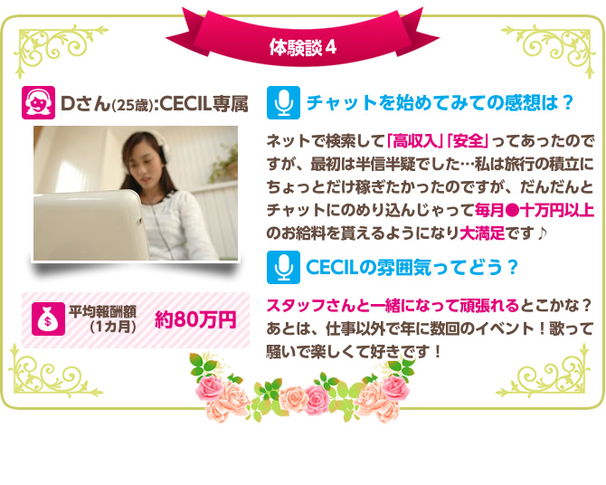 体験談4　Dさん(25歳):CECIL専属　 チャットレディー ライブチャット アルバイト